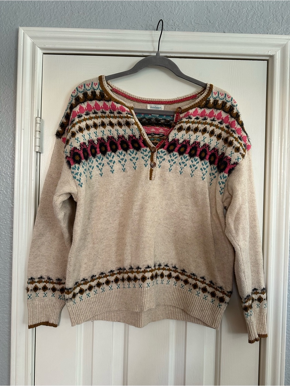 Sundance Beige Fair Isle Crewneck Sweater with Pink & Teal Accents